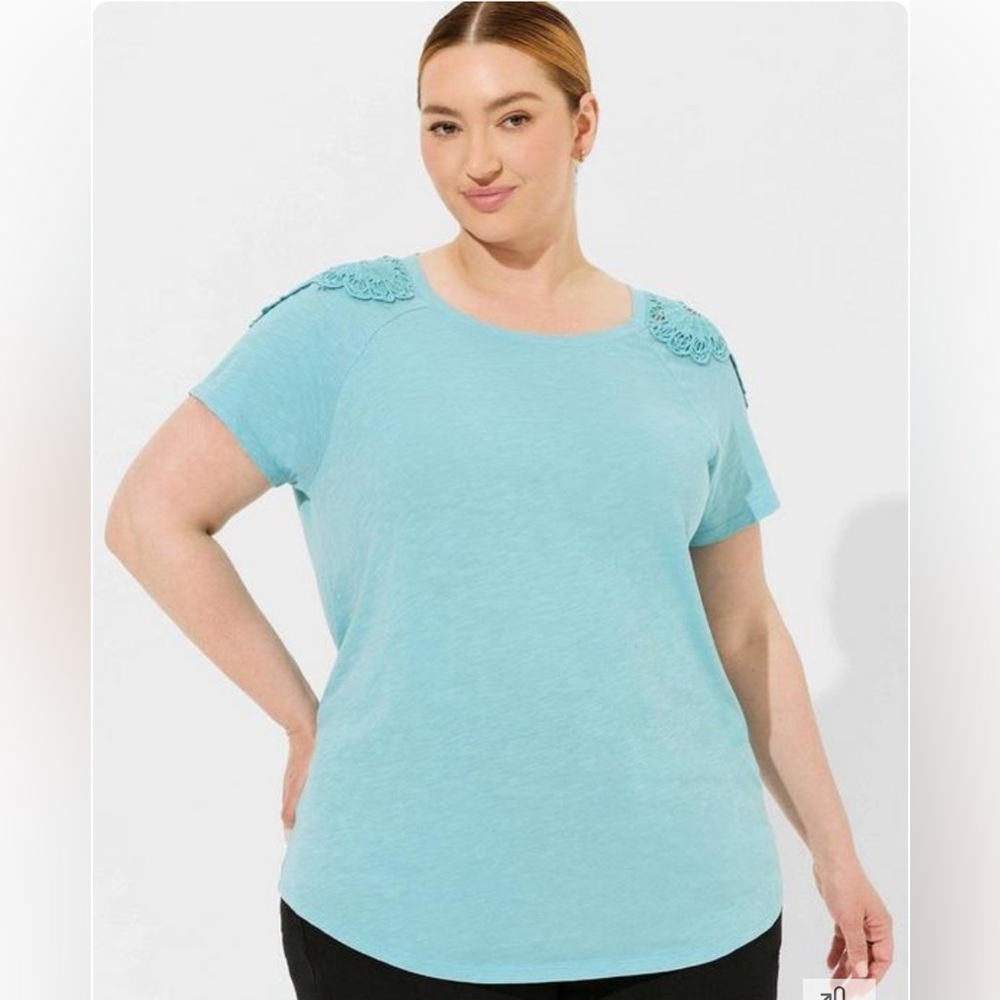 Torrid Cotton Modal Lace Back Crew Neck  Short Sleeve Blue Raglan Top Sz 6X NWT